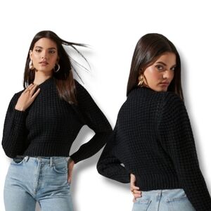 ZARA Women's Black Wool Blend Knit Mock Neck Crop Sweater
